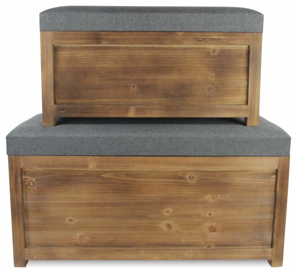 2-Piece Set Rectangular Gray Linen Fabric and Wood Storage Benches