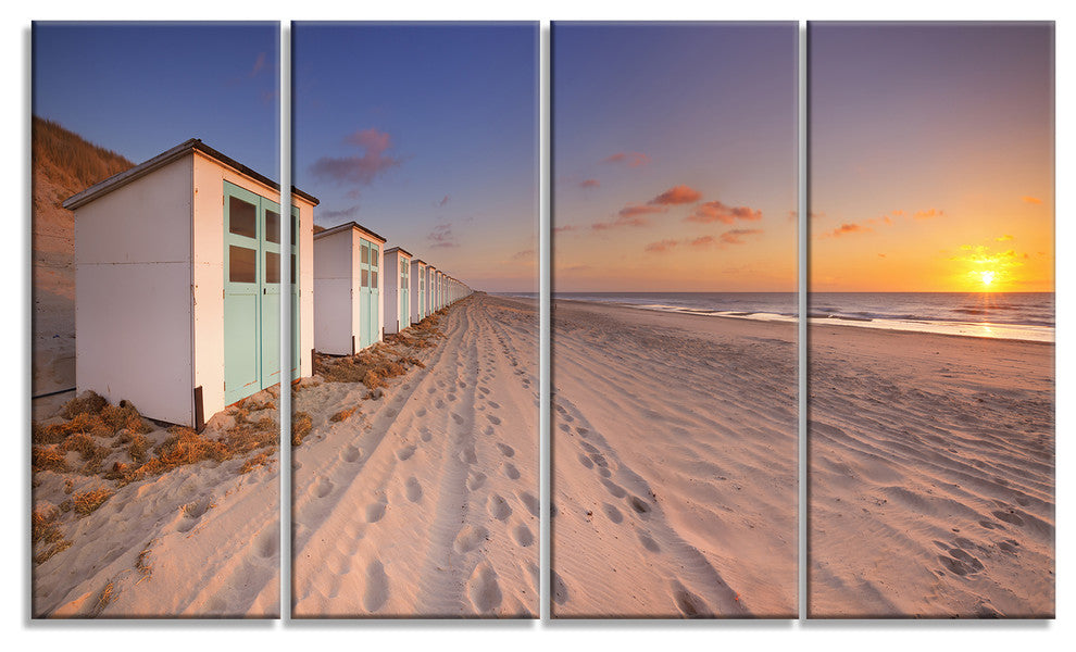 Row of Beach Huts at Sunset, Modern Landscape Canvas Art, 48"x28", 4 Panels