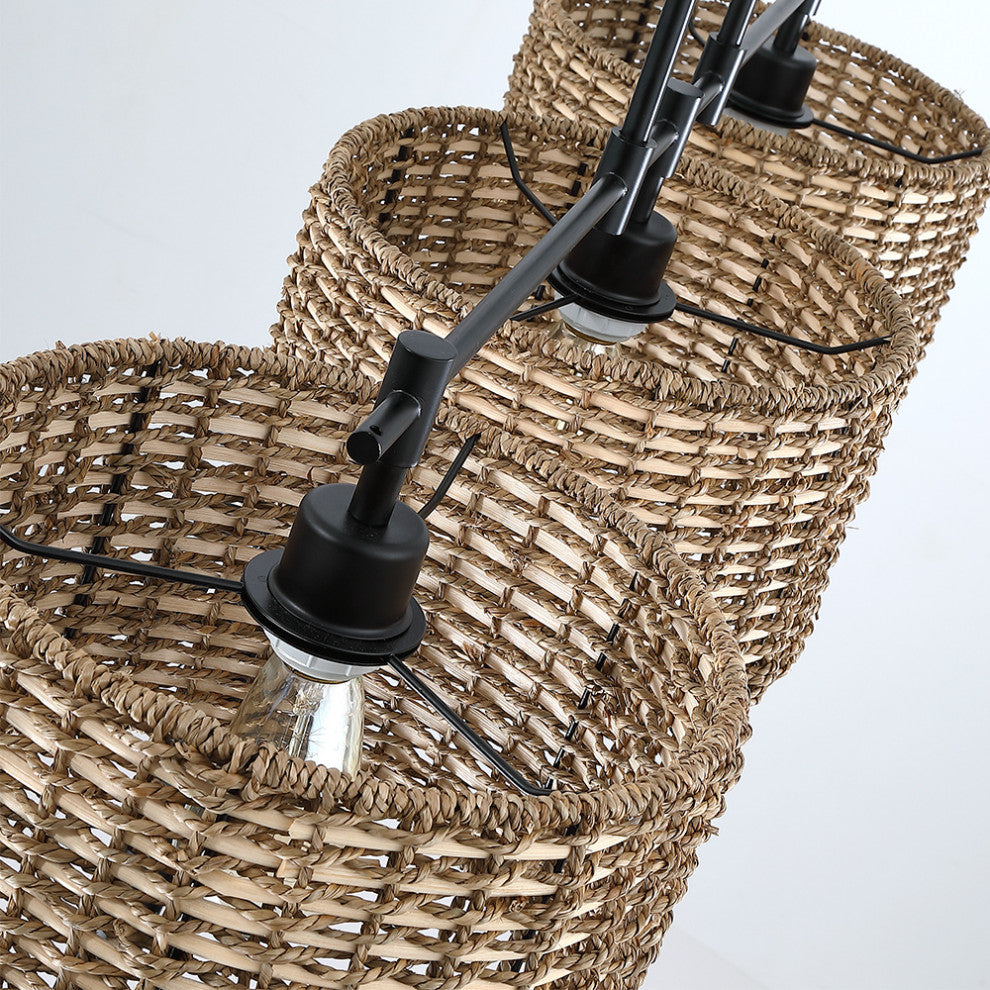 41"W 3-Light Black Farmhouse Rattan Island Light Linear Chandelier