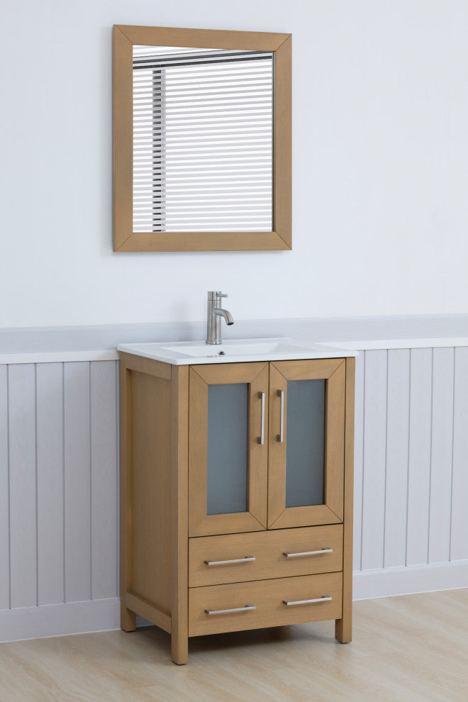 Vanity Art Vanity Set With Ceramic Top, 24", Natural Oak, Standard Mirror