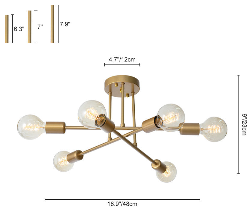 Modern Mid-century 6 Light Sputnik Linear Semi Flush Mount, Brass
