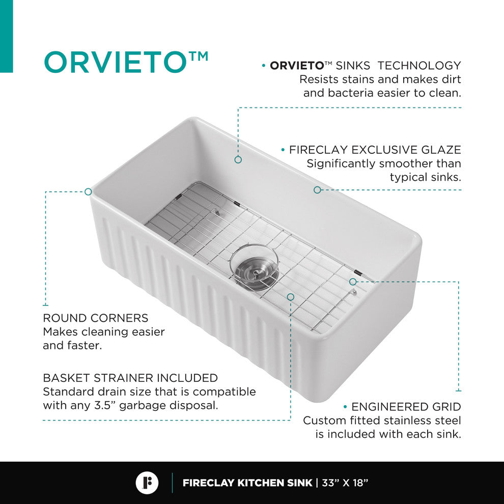Orvieto Fireclay Farmhouse Kitchen Sink 33x18"