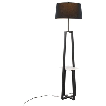 Cosmo Shelf Floor Lamp, White Marble/Black Metal With Black Linen Shade