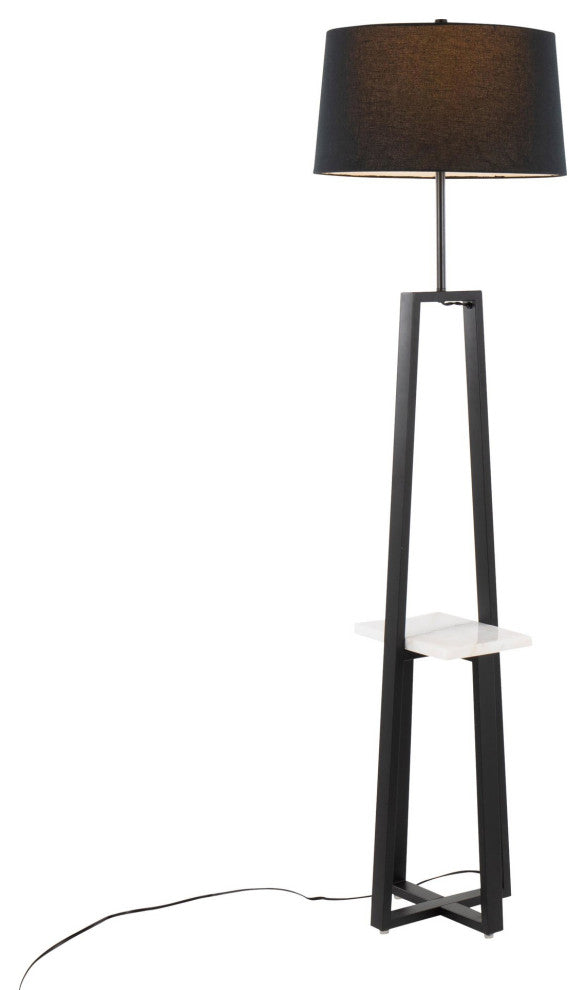Cosmo Shelf Floor Lamp, White Marble/Black Metal With Black Linen Shade