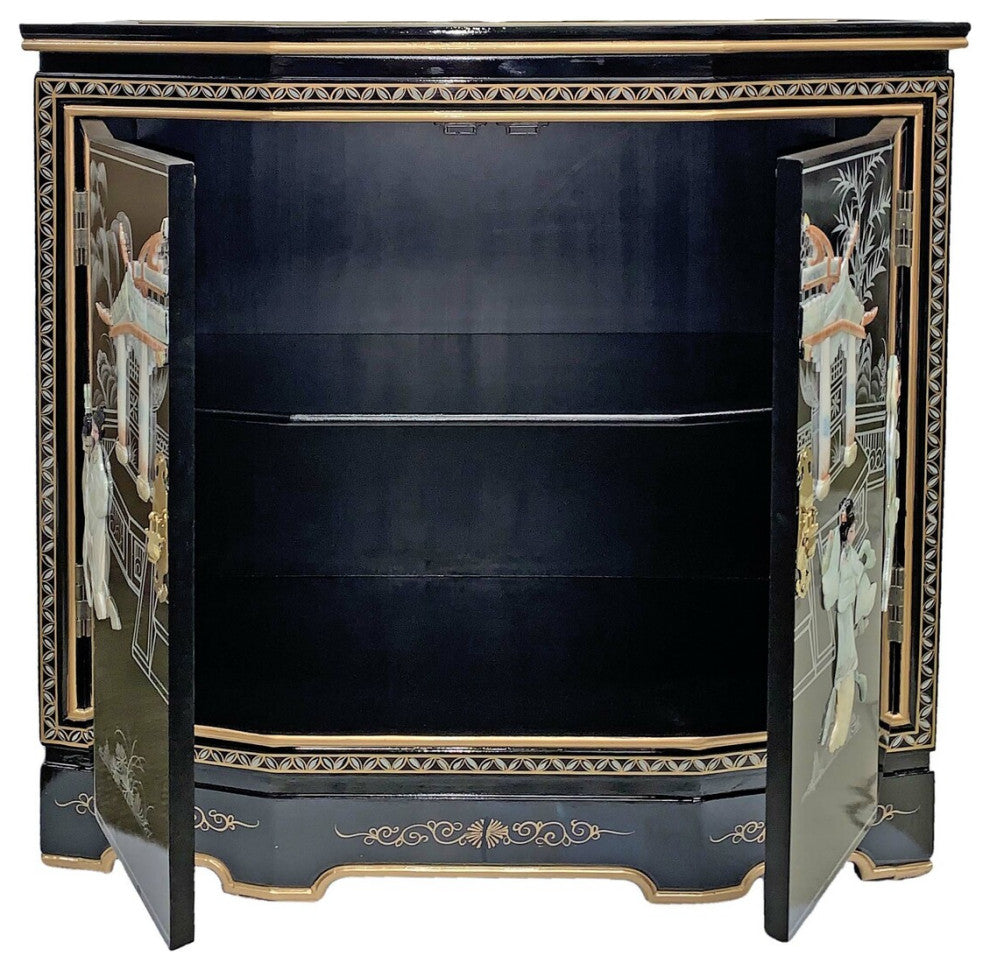 Oriental Slant Front Cabinet With Mother of Pearl, Hand Painted Black With Mother of Pearl