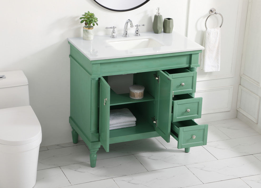36" Single Bathroom Vanity, Vintage Mint With Ivory White Engineered Marble