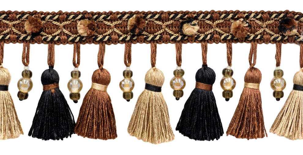 Black, Toast, Brown Braid 3" Beaded Tassel Fringe (By The Yard)