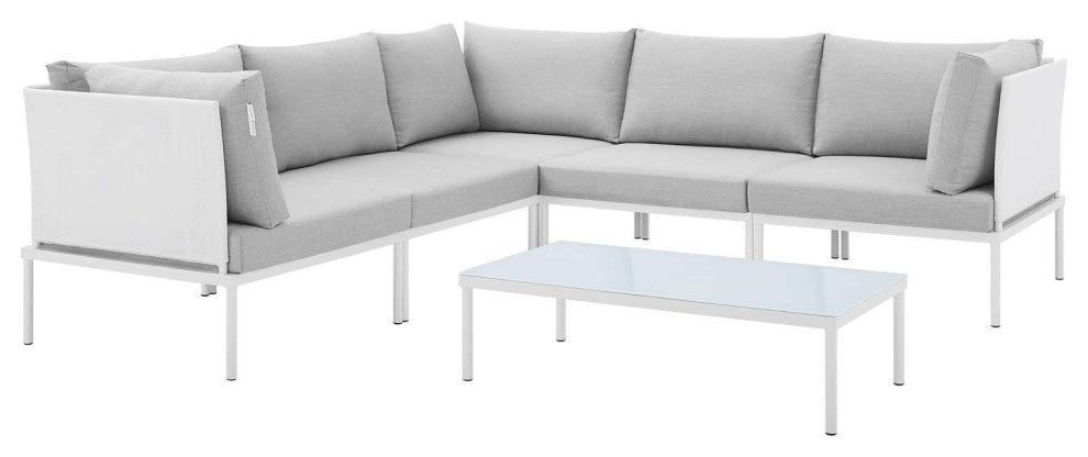 Sectional Sofa Chair Table Set, Sunbrella, Aluminum, White Gray, Outdoor