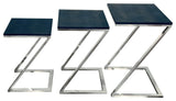 Black on Blue Metallic Shagreen Leather Set of 3 Nesting Z Base Tables
