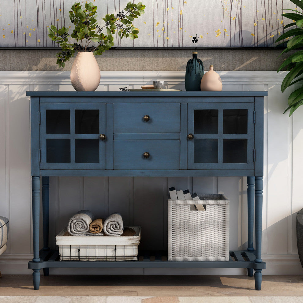 TATEUS Solid Wood  Console Table with Shelf and Storage in Antique Navy