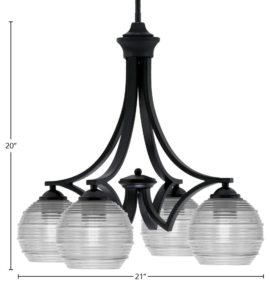 Zilo Downlight, 4 Light, Chandelier, Matte Black Finish, 6" Clear Ribbed Glass