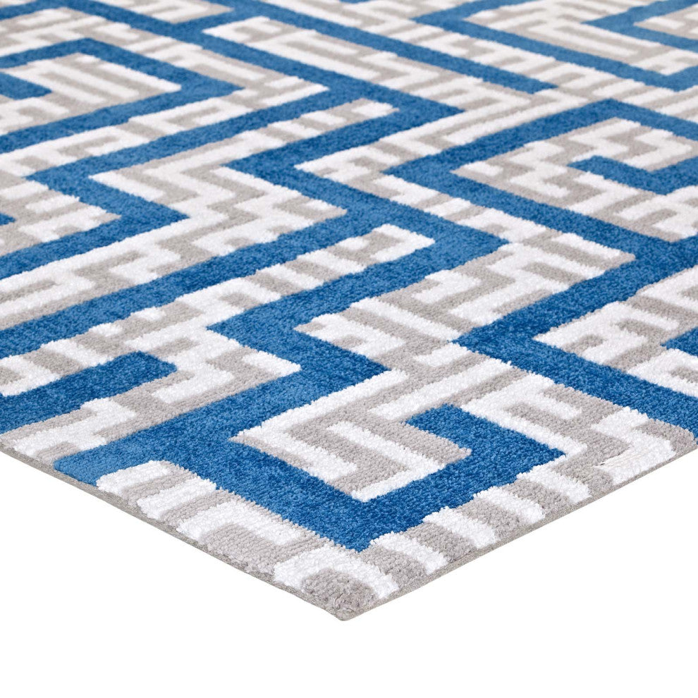 Ivory, Light Gray and Blue Nahia Geometric Maze 5x8 Area Rug