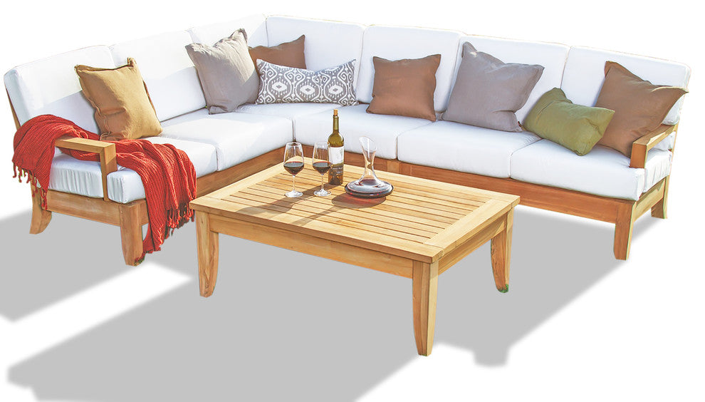 5-Piece Atnas Teak Sectional Outdoor Sofa Set, Cast Lagoon Sunbrella Cushion