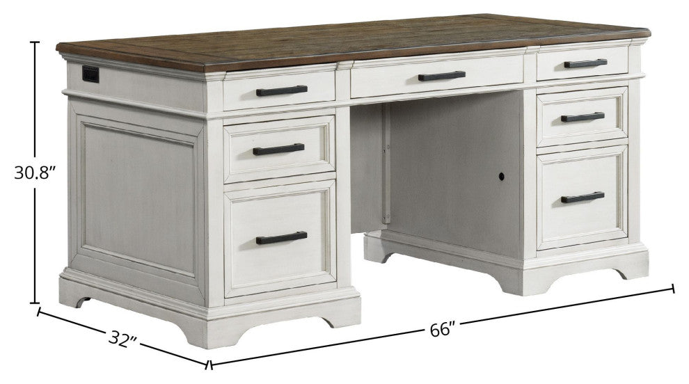Drake 66" Wide Executive Desk, Rustic White and French Oak