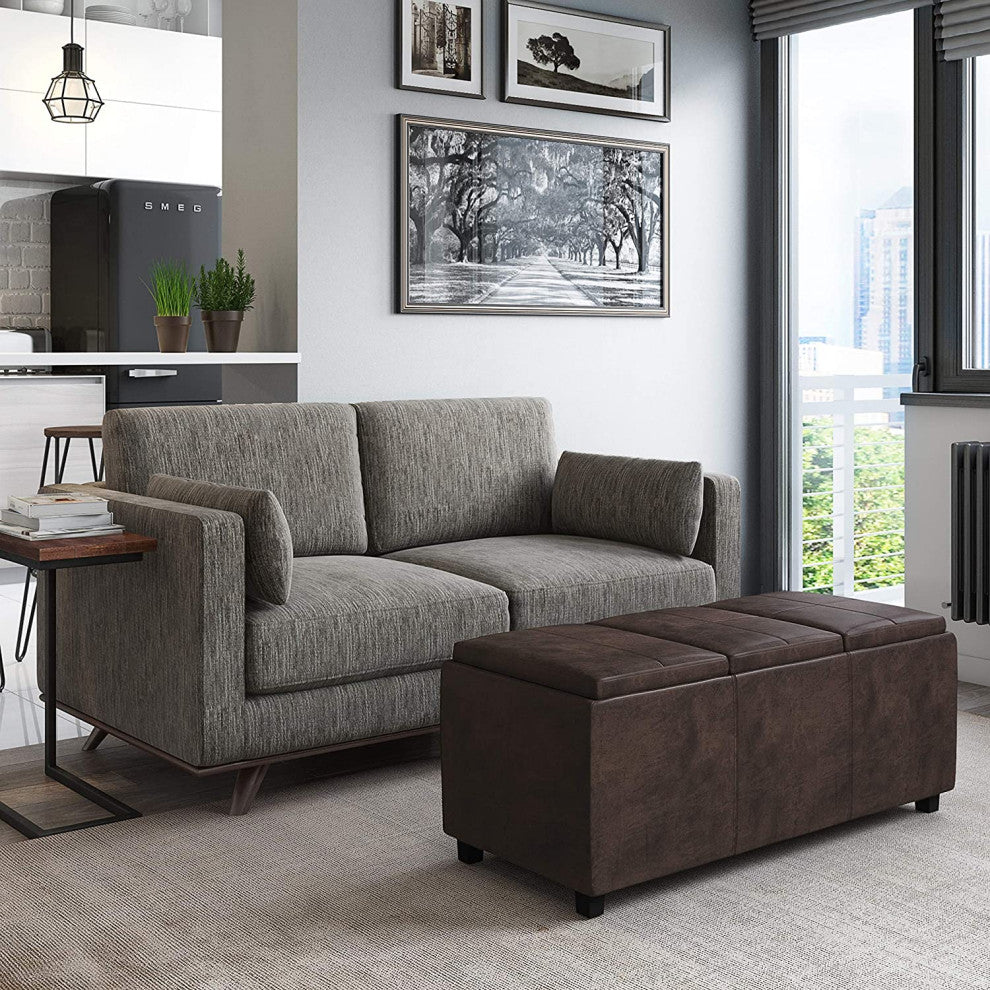 Modern Storage Ottoman, 3 Cushioned Flip Over Serving Trays, Distressed Brown
