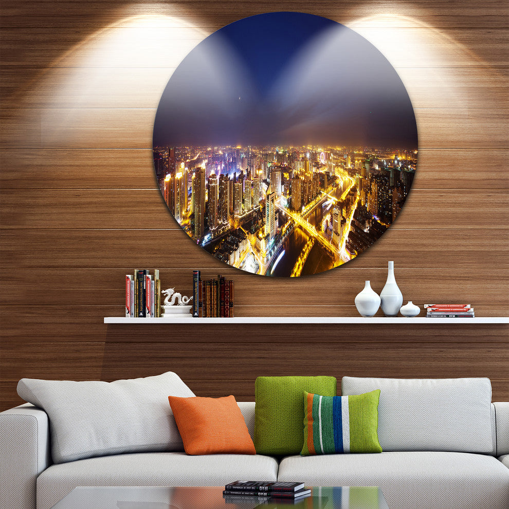 Downtown Nighttime Panorama, Cityscape Disc Metal Artwork, 36"
