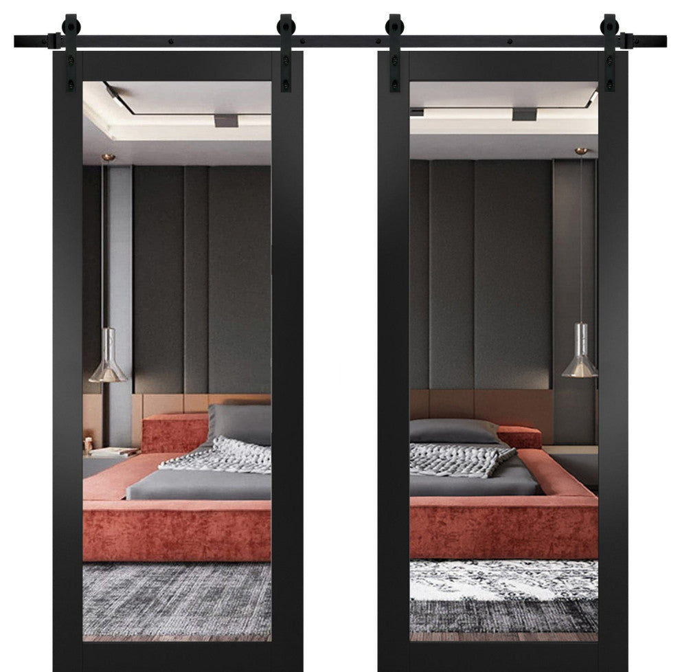 Double Barn Door 60 x 80, Lucia 1299 Matte Black & Mirror, 13' Rail