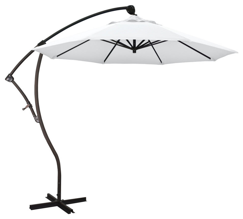 9' Bronze Cantilever Crank Lift 360-Rotation Aluminum Umbrella, Olefin, White