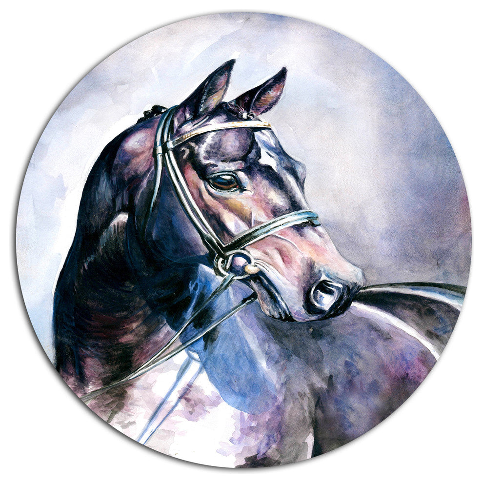 Black Horse With Bridle, Animal Round Wall Art, 11"
