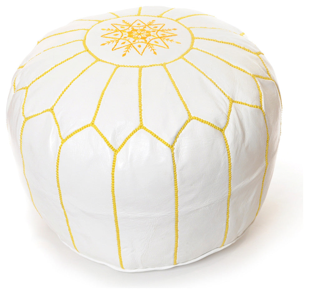 Moroccan Leather Pouf, White With Yellow Stitching