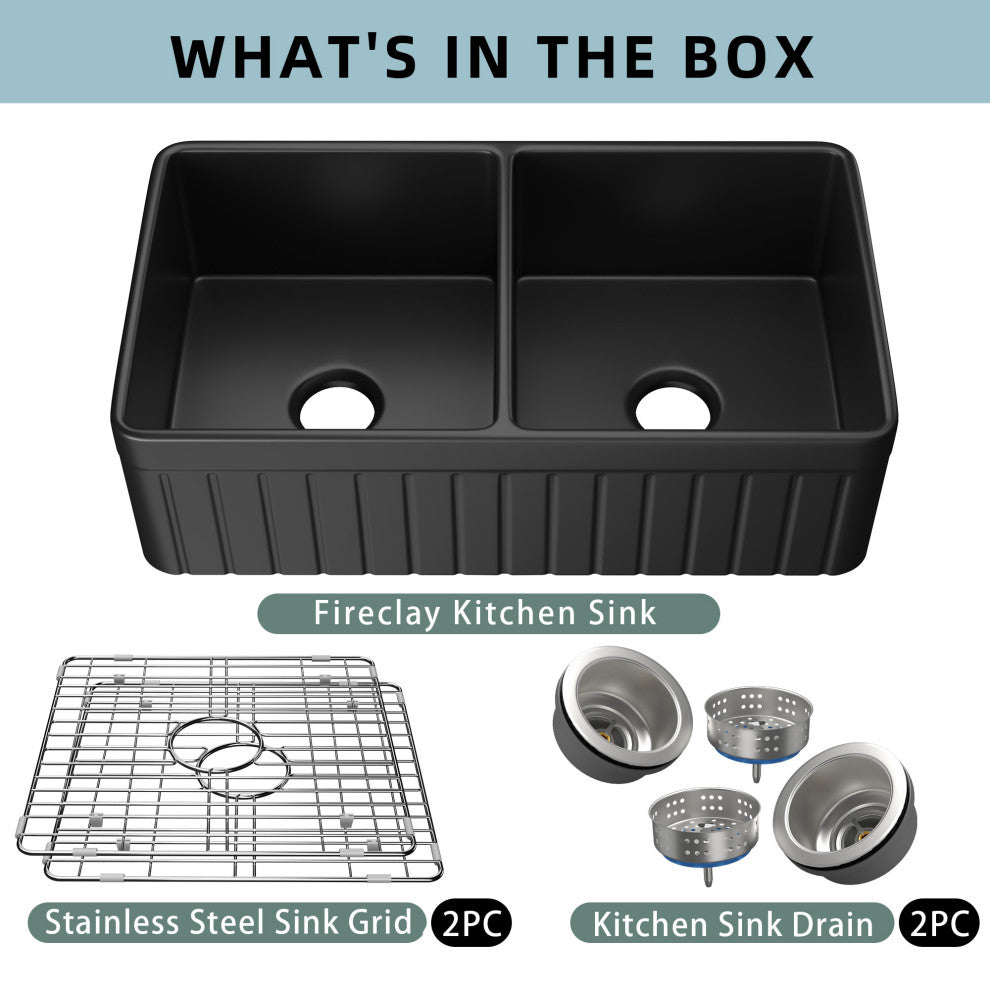 Black Fireclay 33 Inch Double Bowl Farmhouse Apron Front Kitchen Sink