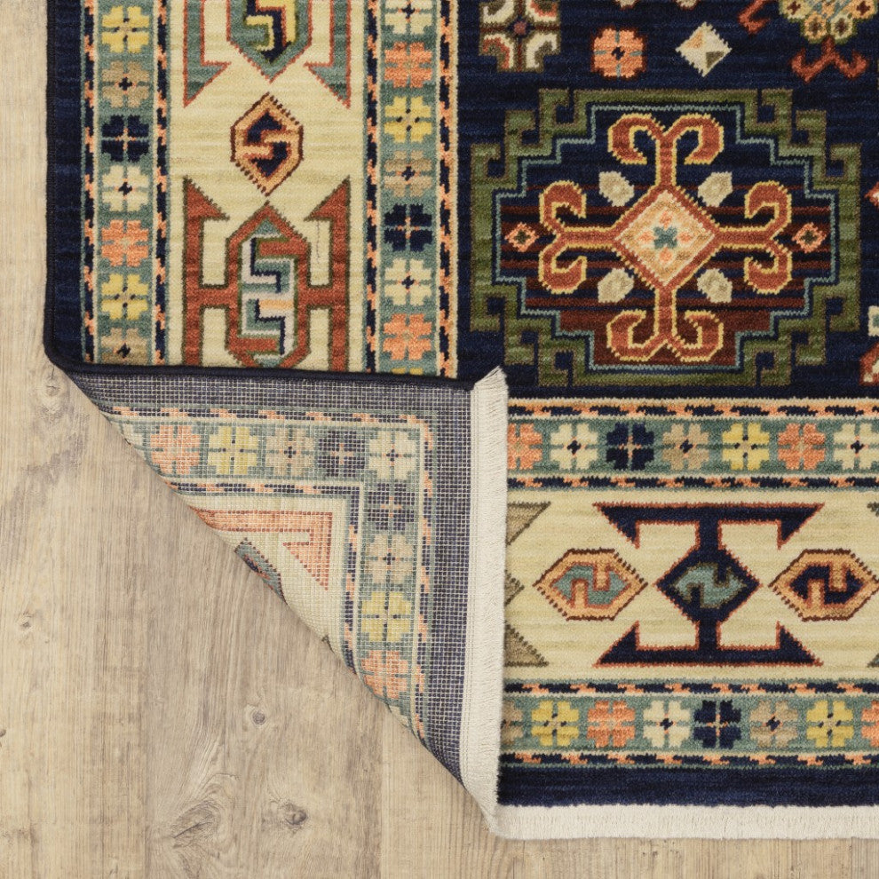 5' X 8' Blue Ivory Machine Woven Medallion Indoor Area Rug