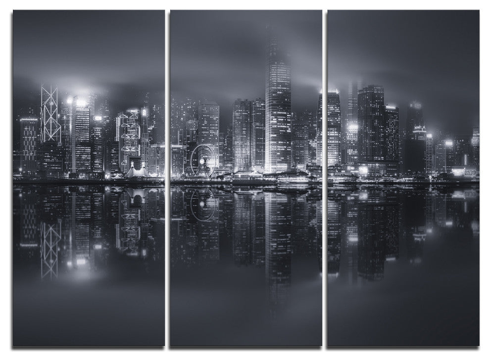 "Hong Kong Black and White Skyline" Artwork Canvas, 3 Panels, 36"x28"