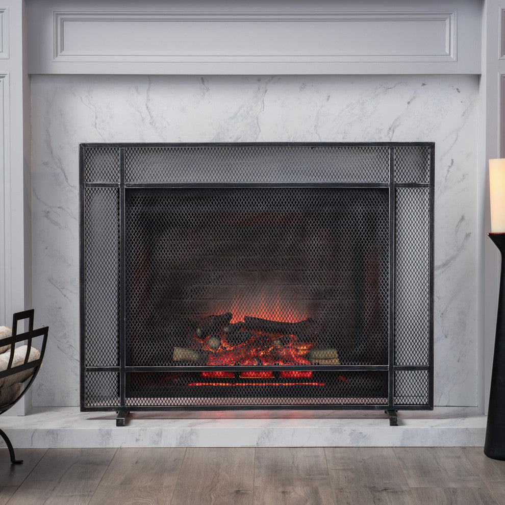 Markus Modern Single Panel Iron Firescreen, Black Brushed Silver Finish