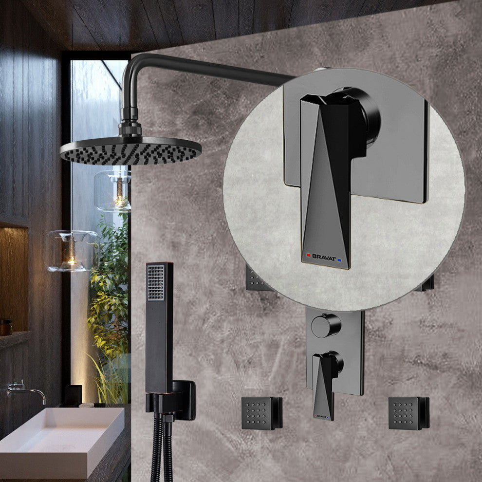 Bravat Dark Oil Rubbed Bronze Shower Set, Valve Mixer 3-Way Concealed Wall Mount