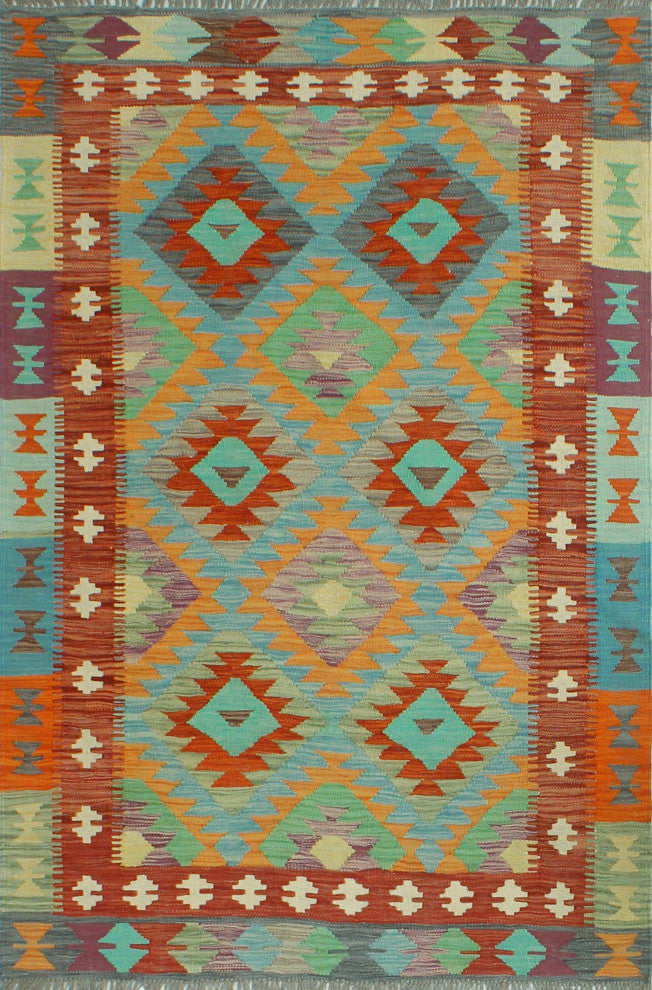 Sangat Flatweave Gulshan Orange/Blue Rug, 3'11 x 5'11