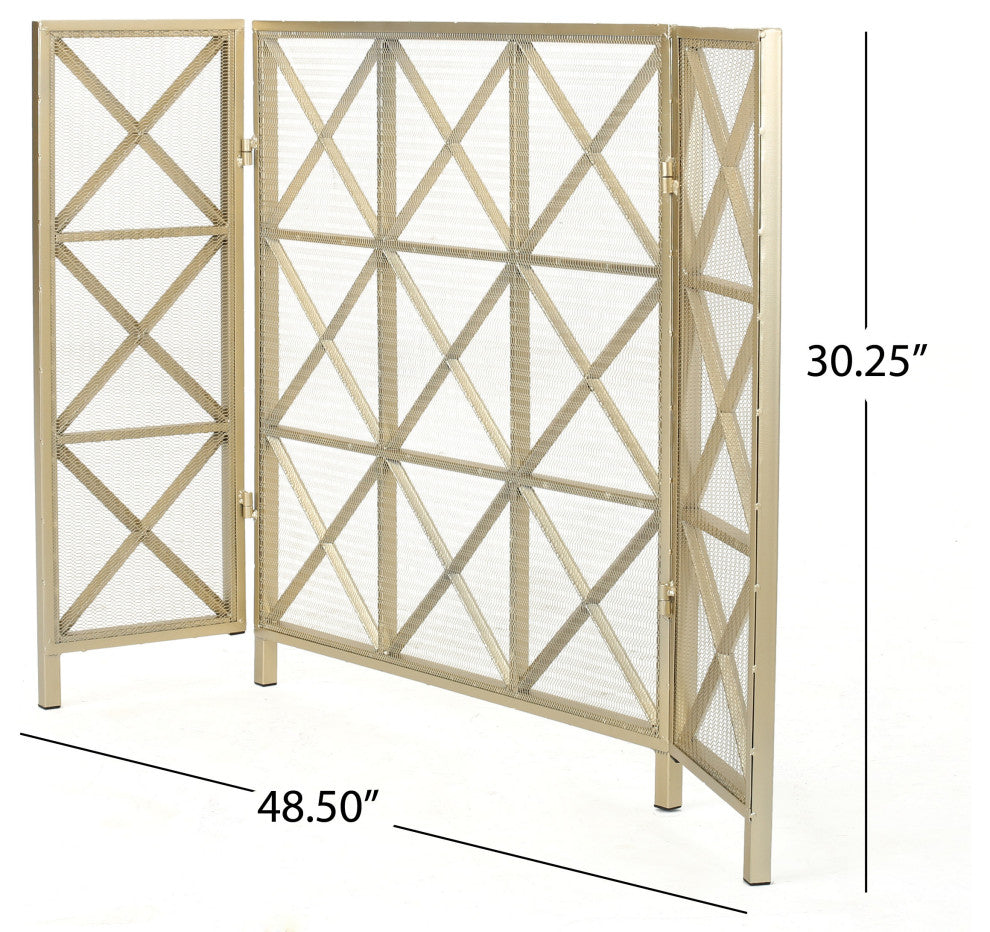 GDF Studio Mandralla 3-Paneled Iron Fireplace Screen, Gold