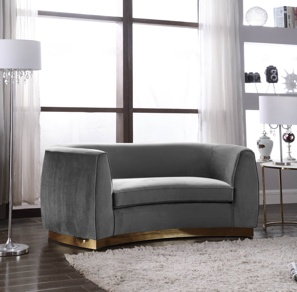 Julian Velvet Upholstered Loveseat, Gray, Gold Base