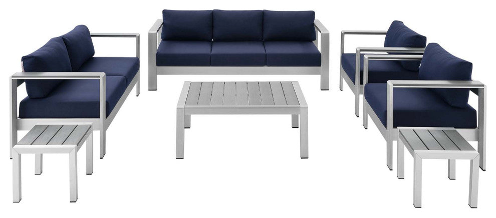 Sectional Sofa Chair Table Set, Sunbrella, Aluminum, Silver Blue Navy, Outdoor