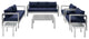 Sectional Sofa Chair Table Set, Sunbrella, Aluminum, Silver Blue Navy, Outdoor