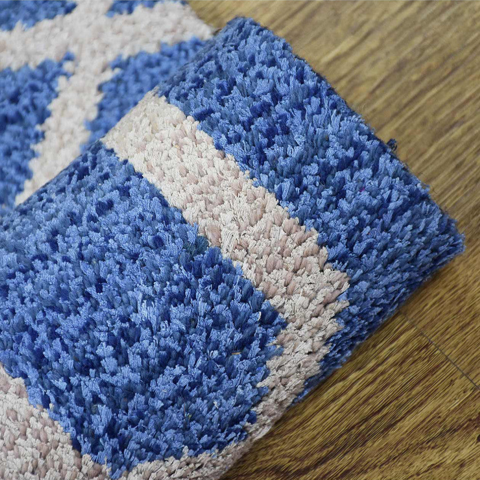 Hand Knotted Wool Area Rug Geometric Blue Beige