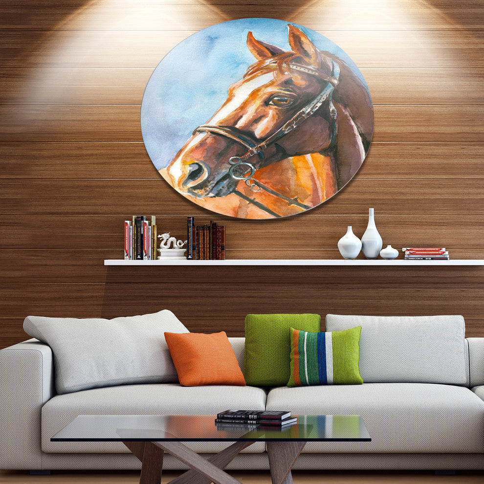 Brown Horse With Bridle, Animal Round Metal Wall Art, 11"