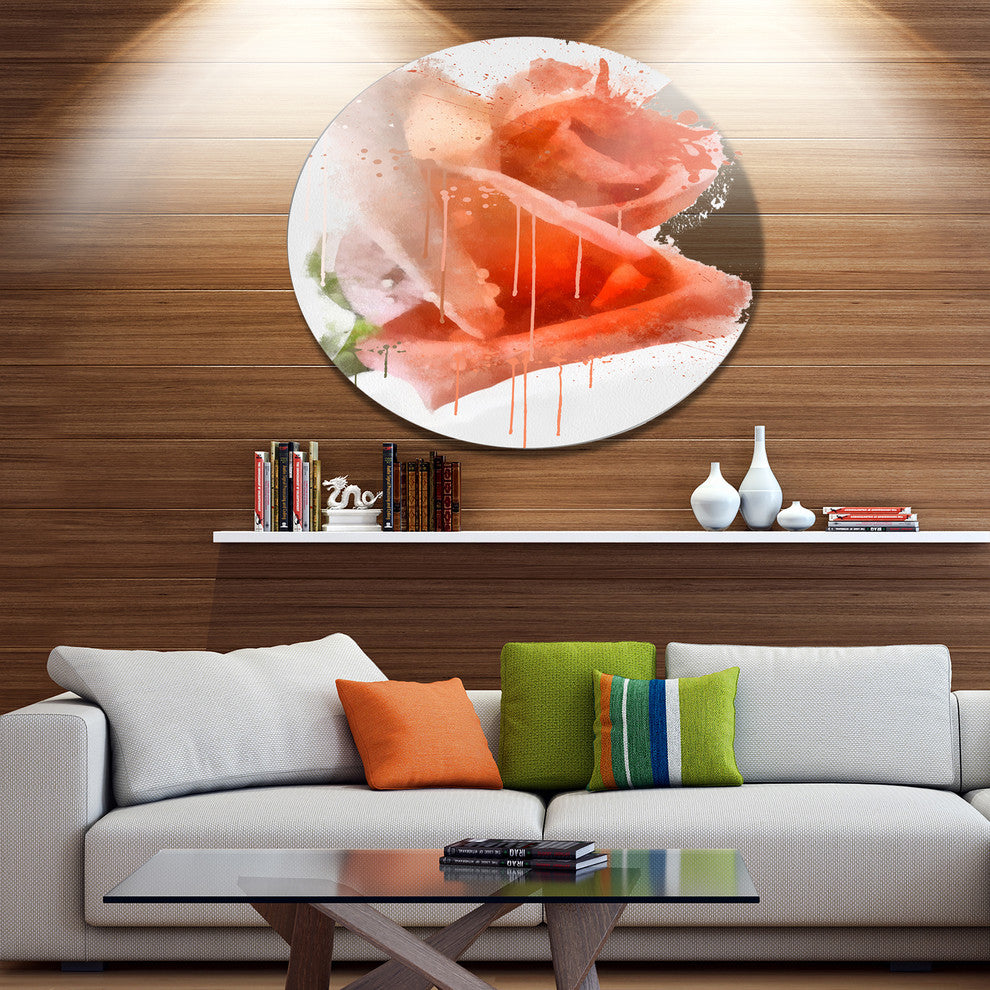 Red Rose Painting With Splashes, Floral Disc Metal Artwork, 23"