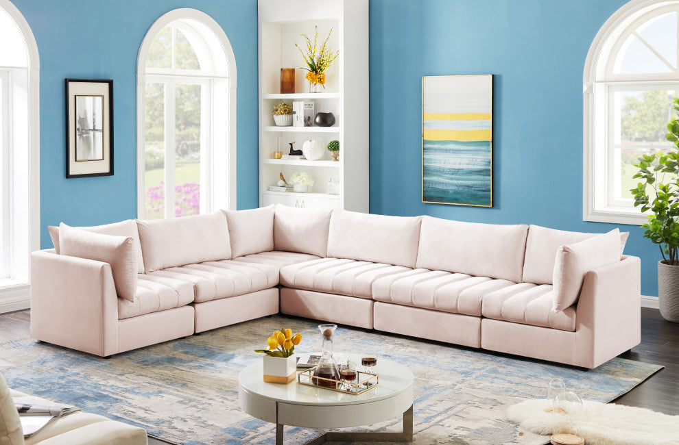 Jacob Velvet Upholstered 6-Piece L-Shaped Modular Sectional, Pink