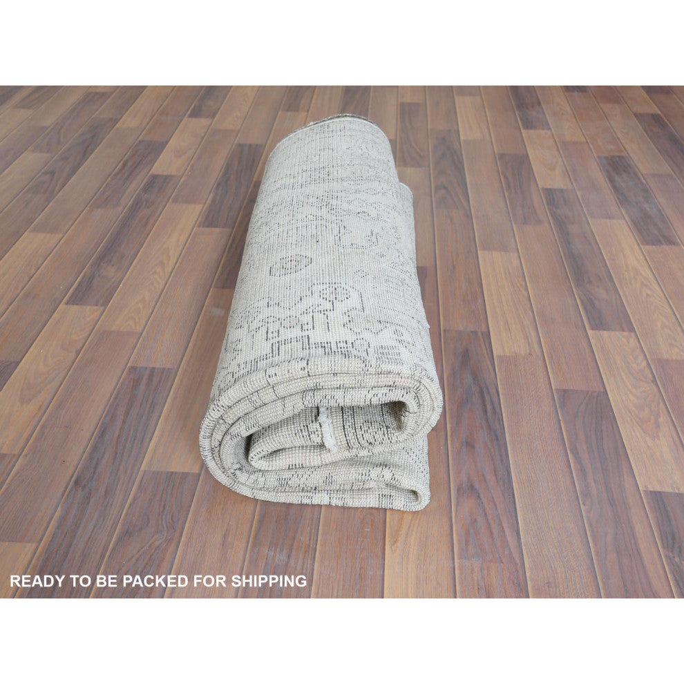 Worn Wool Hand Knotted Ivory Vintage White Wash Persian Tabriz Rug, 6'3" x 9'0"