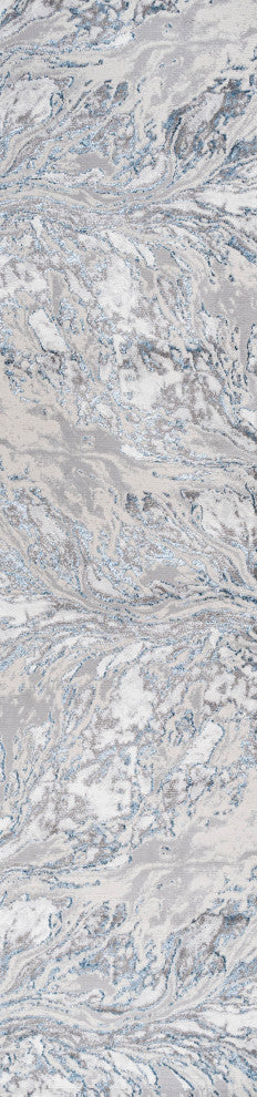 Swirl Marbled Abstract Area Rug, Gray/Blue, 2'x8'