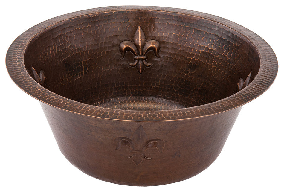 16" Round Copper Bar Sink, Fleur De Lis & 2" Drain Opening, Drain & Accessories