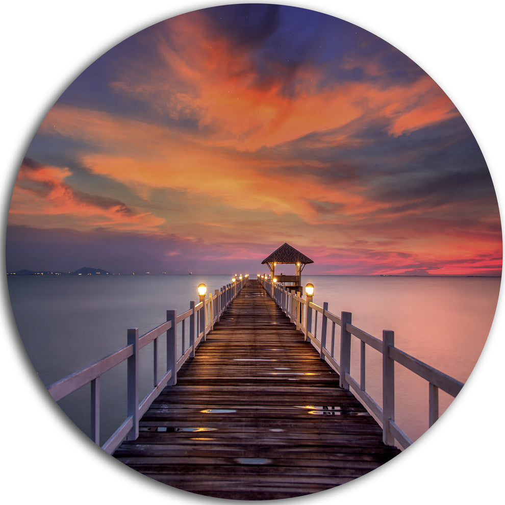 Dark Seashore Pier Under Colorful Sky, Sea Pier Round Artwork, 23"