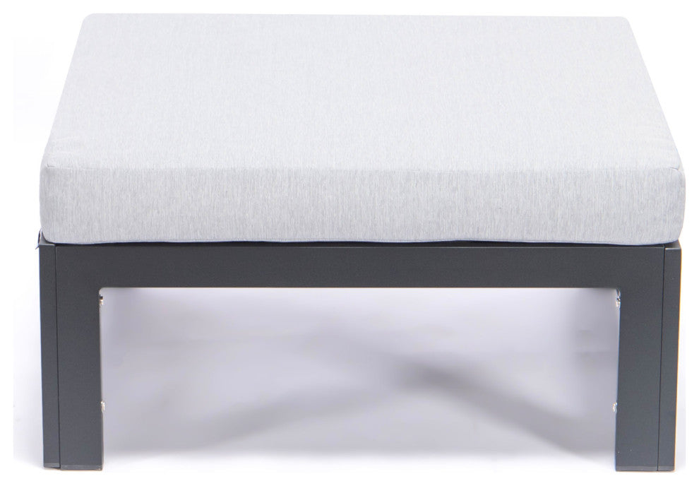 LeisureMod Chelsea Outdoor Black Ottomans With Cushions Set Of 2, Light Gray