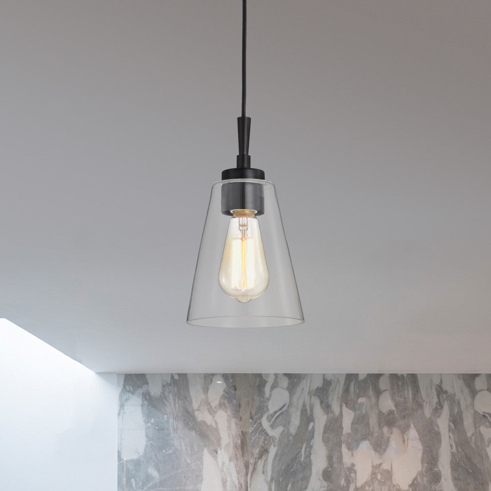 Briarwood 1-Light Matte Black Modern Pendant With Clear Cone Glass Shade