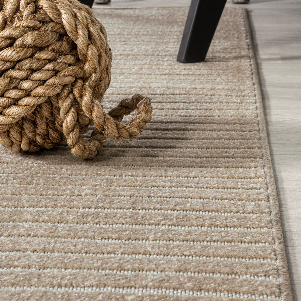 Aarhus High-Low Scandi Striped Beige/Cream 2 ft x 8 ft Indoor/Outdoor Runner Rug