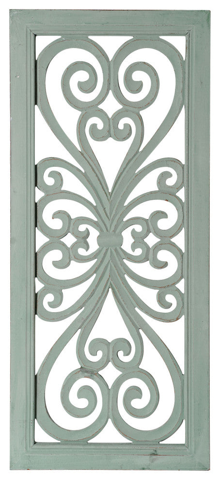 Distressed Hand-Carved Seafoam Green Wood Wall Medallion Panel, 16x36
