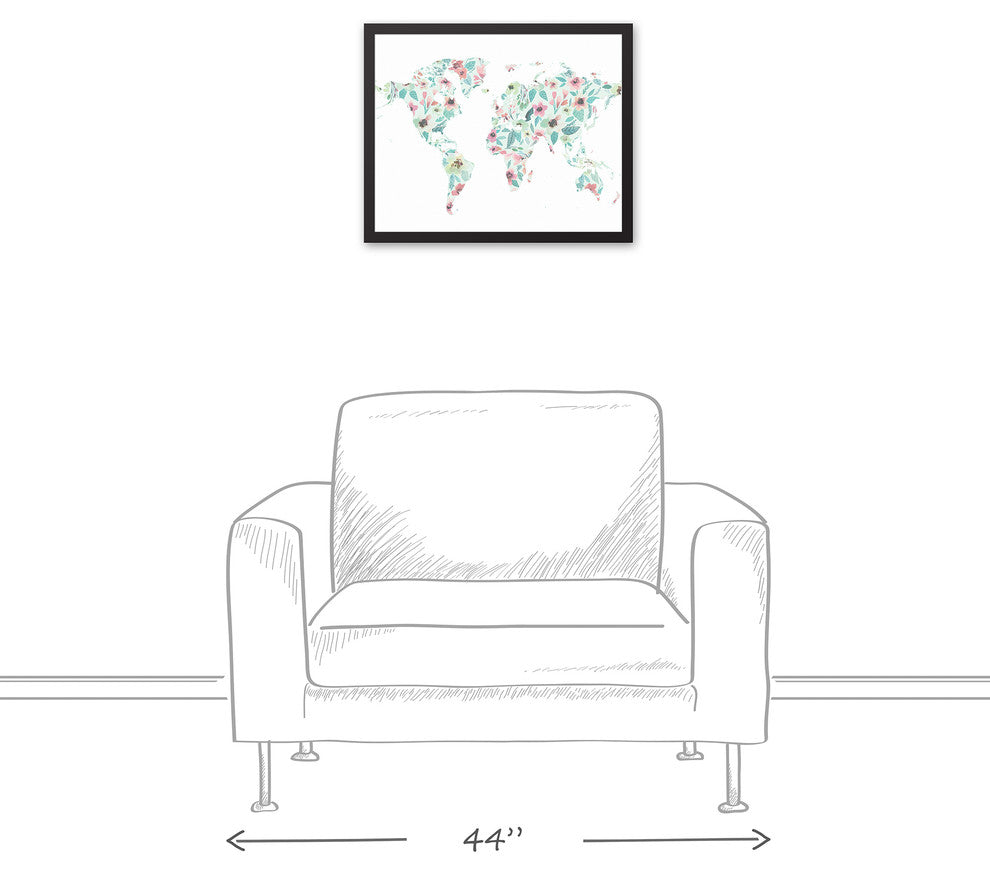 Floral World Map 16x20 Black Framed Canvas