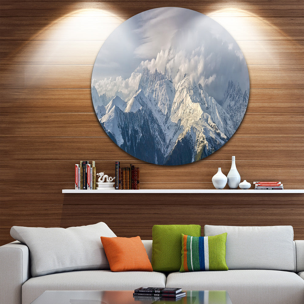 Ushba Peak In Clouds, Landscape Photo Disc Metal Wall Art, 23"