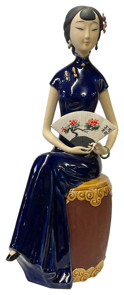 Chinese Oriental Ceramic Cheongsam Blue Qipao Dressing Lady Figure Hws3100