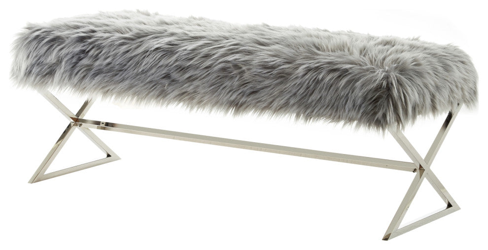 Oria Faux Fur X-Leg Base Bench, Gray and Chrome